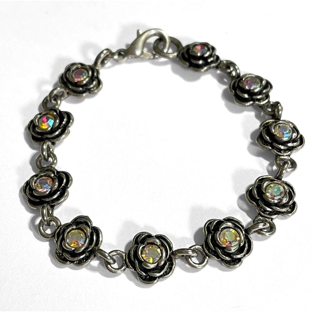 Premier Designs Bracelet Primrose Silver Tone Flower Links AB Rhinestone 7.5"